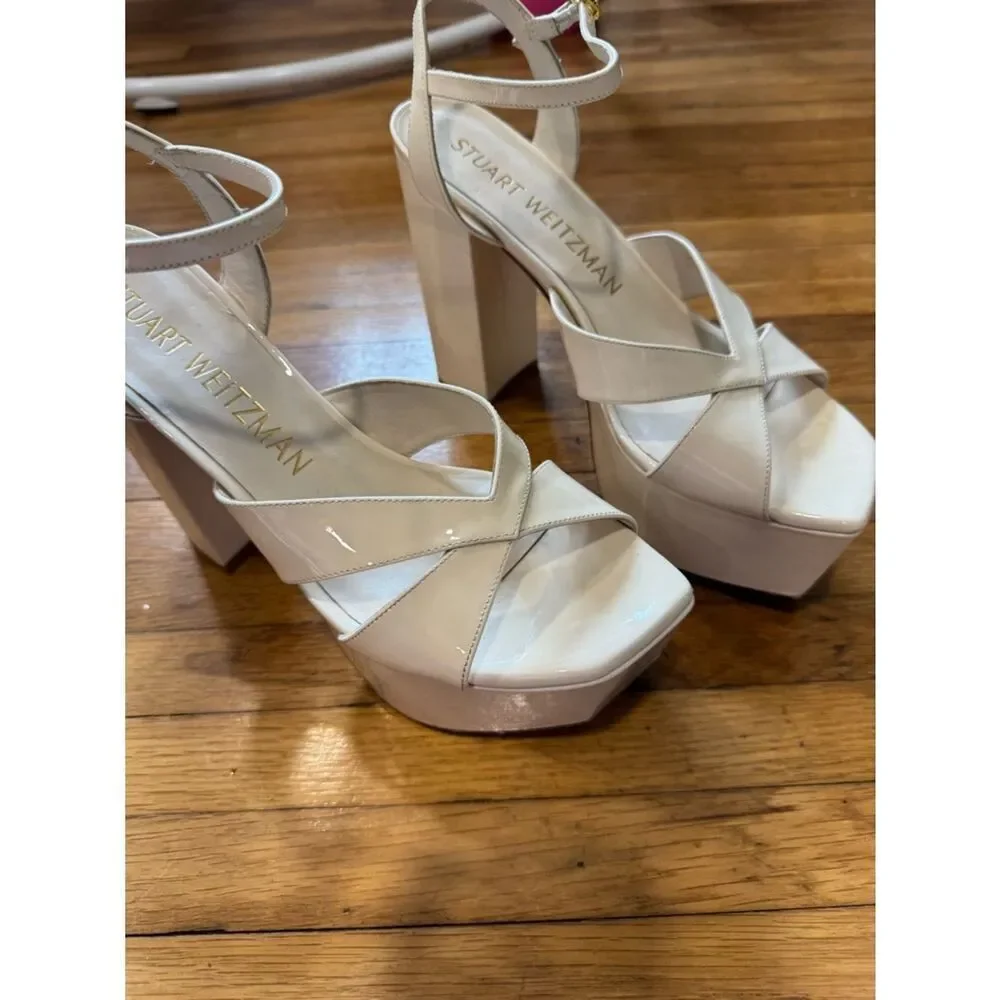 Stuart Weitzman Miami Square Toe Ivory Patent Leather Platform Sandals